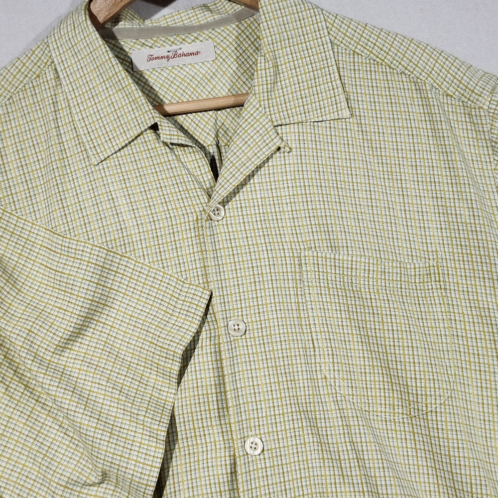 Tommy Bahama Silk Button Up Shirt Short‎ Sleeve Yellow Plaid Mens Large L Resort